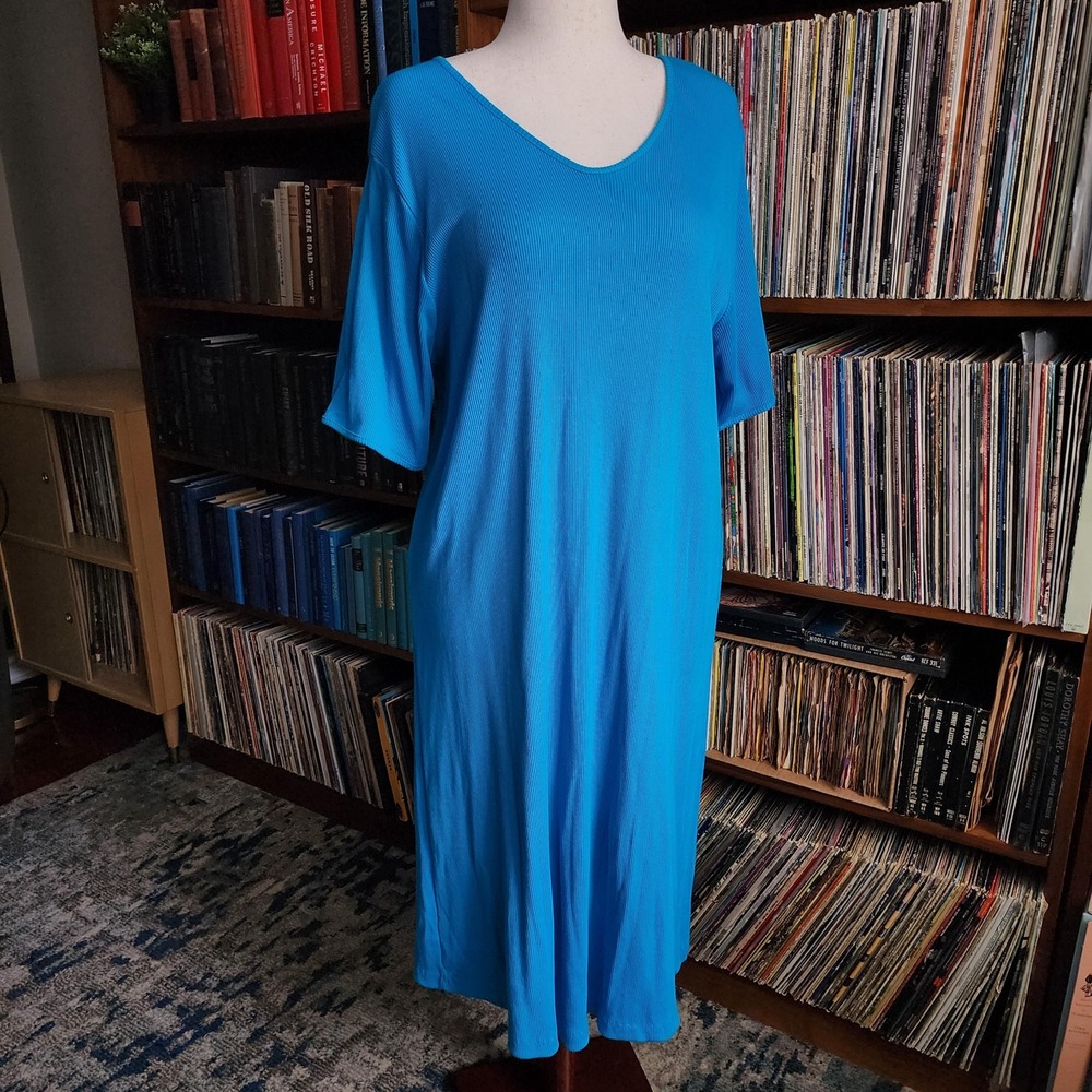 All American Comfort Vintage Blue Ribbed Short Sleeve Dress Womens 1X‎ 5-2732-5